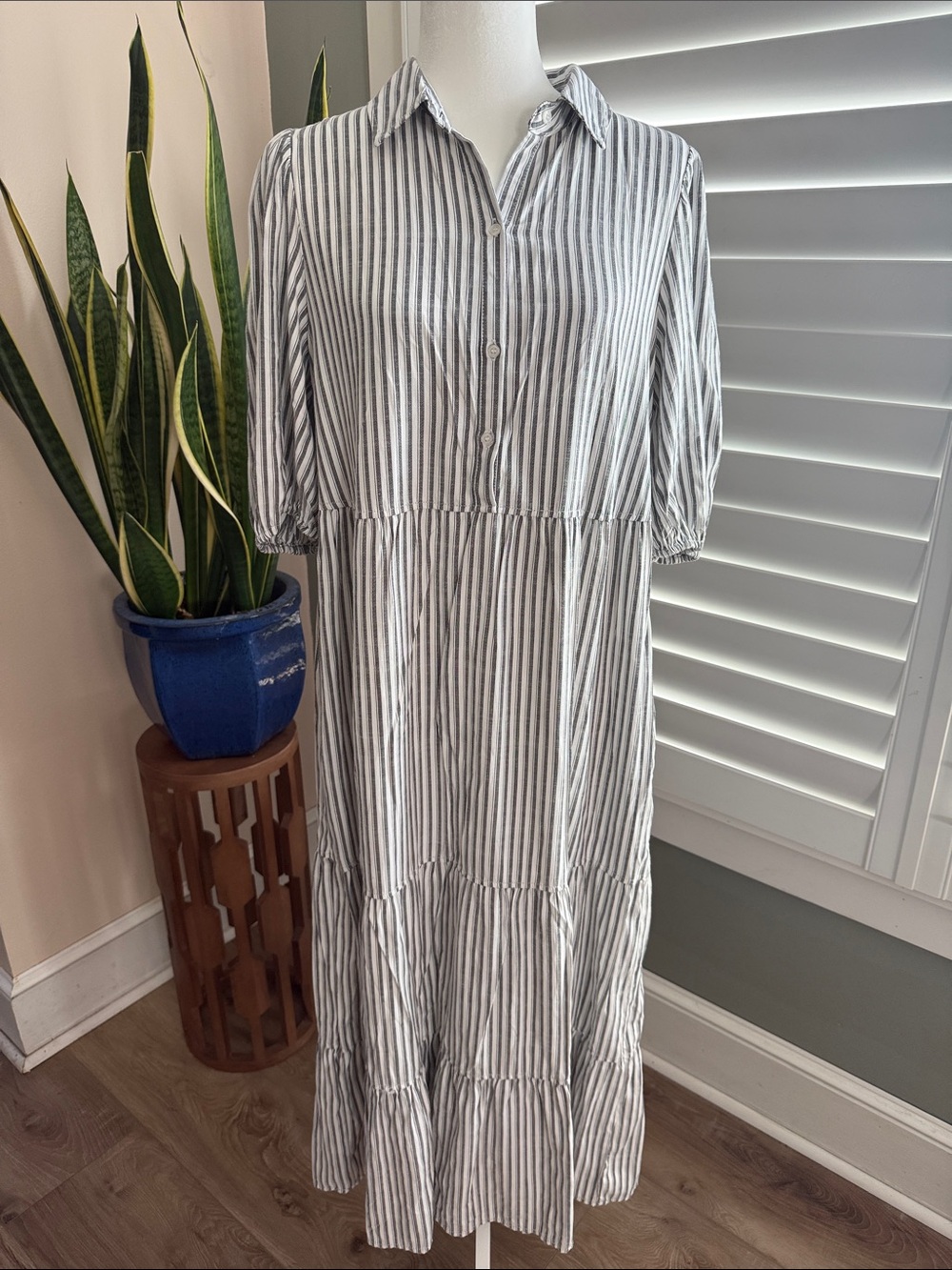 Max Studio White and Black Striped Tiered Maxi Dress